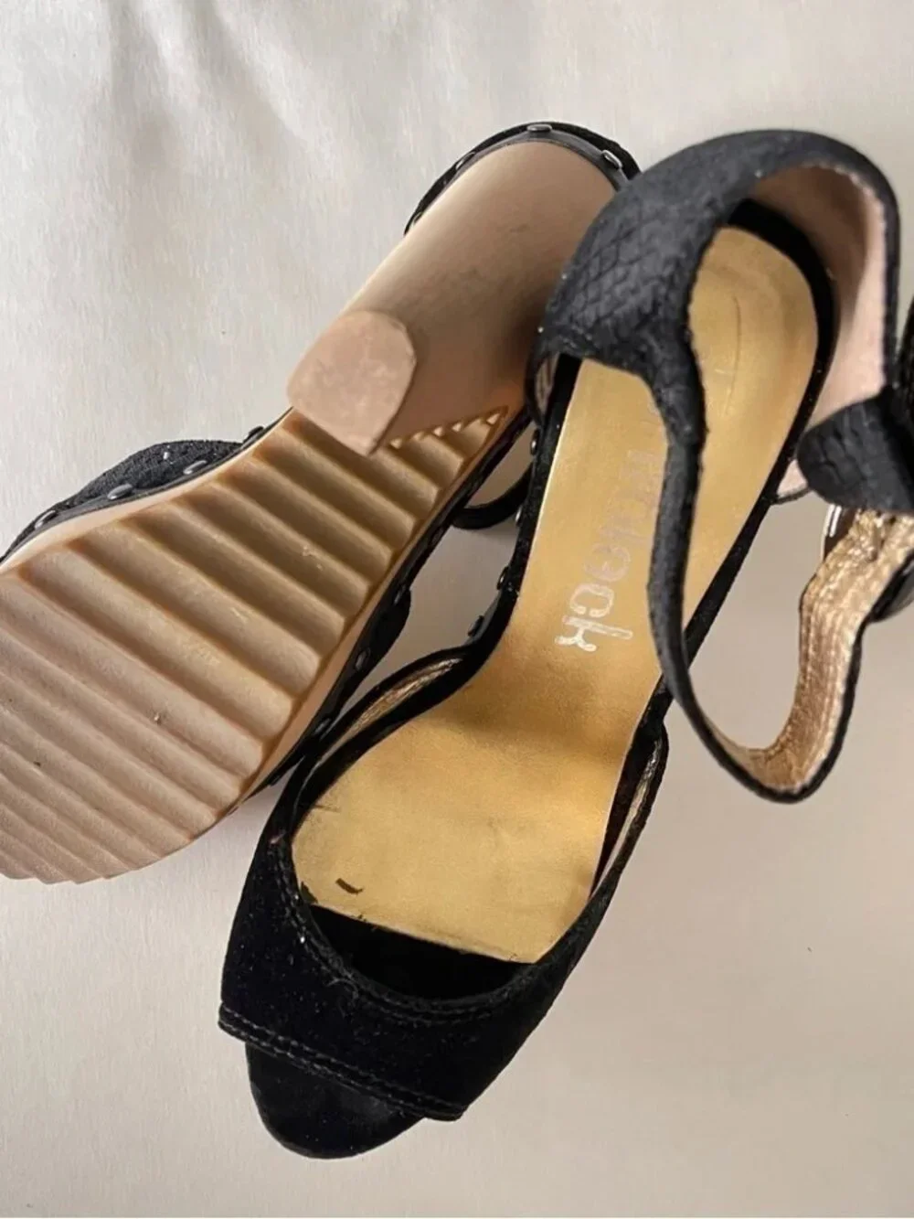 daniblack Black Snakeskin-Pattern Velvet Platform Sandals | Size 7